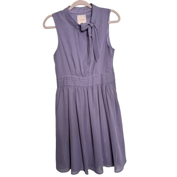 ModCloth Sunny City A-line Tie Neck Grey Dress Silver Sparkles Stripe Medium - Picture 9 of 11